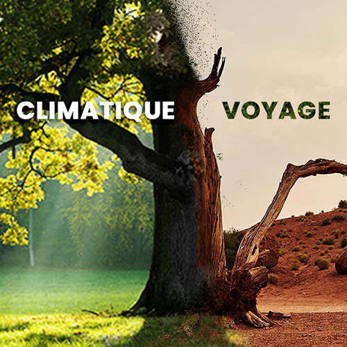 Climatique Voyage, arbre moitié verdure, moitié désèché
